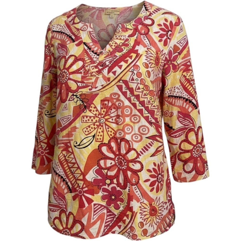 Choices Women's Tunic M Linen Floral 3/4 Sleeve BOHO Colorful Tropical Beach Y2K